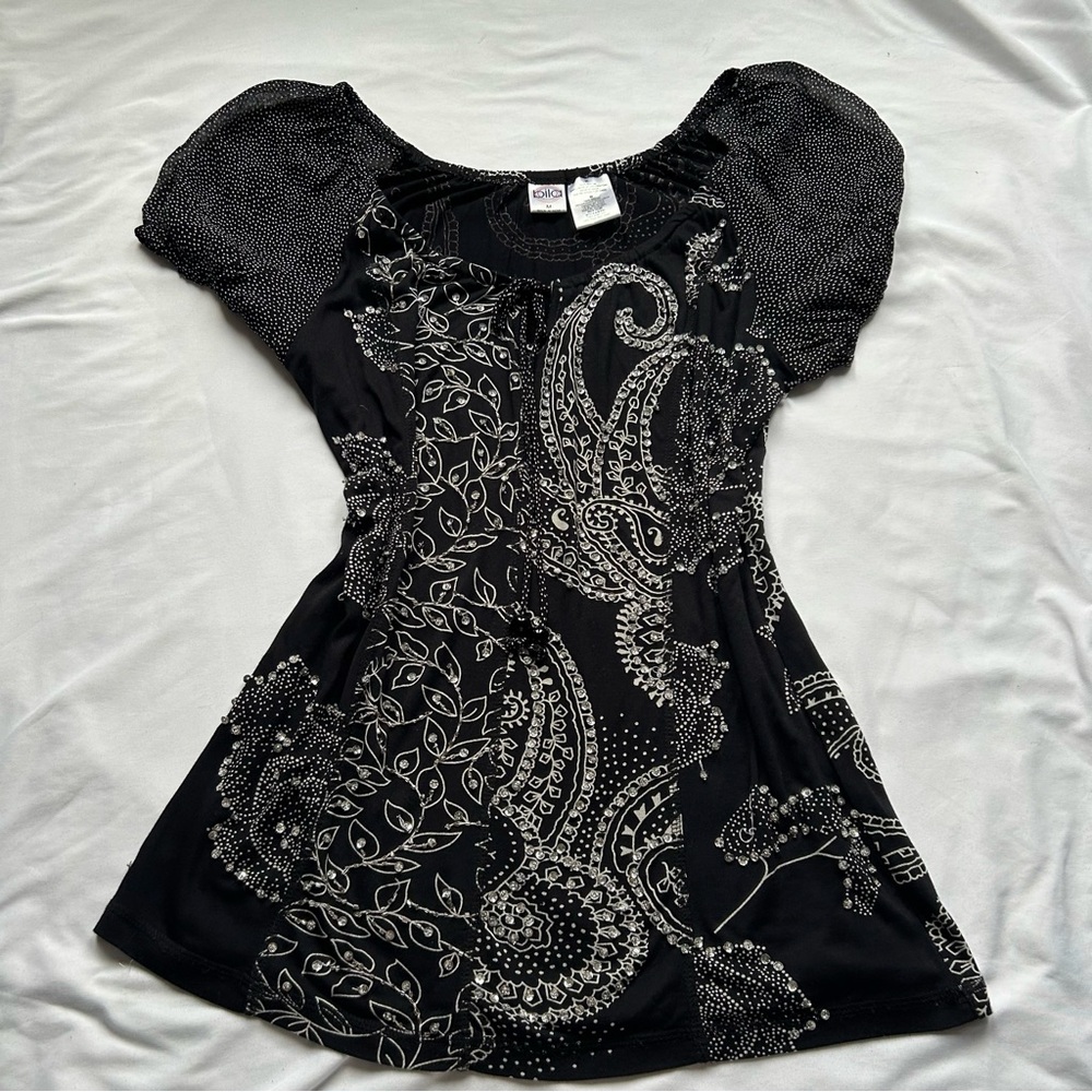 Bila Black and Silver Y2K paisley print top with rhinestone detail polka dots